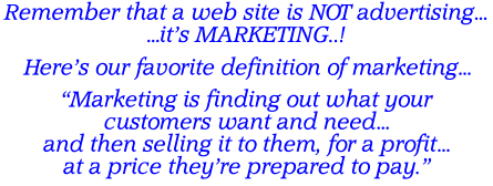Remember that a web site is NOT advertising… …it’s MARKETING..! Here’s our favorite definition of marketing…  “Marketing is finding out what your  customers want and need… and then selling it to them, for a profit… at a price they’re prepared to pay.”