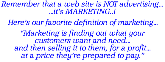 Remember that a web site is NOT advertising… …it’s MARKETING..! Here’s our favorite definition of marketing…  “Marketing is finding out what your  customers want and need… and then selling it to them, for a profit… at a price they’re prepared to pay.”